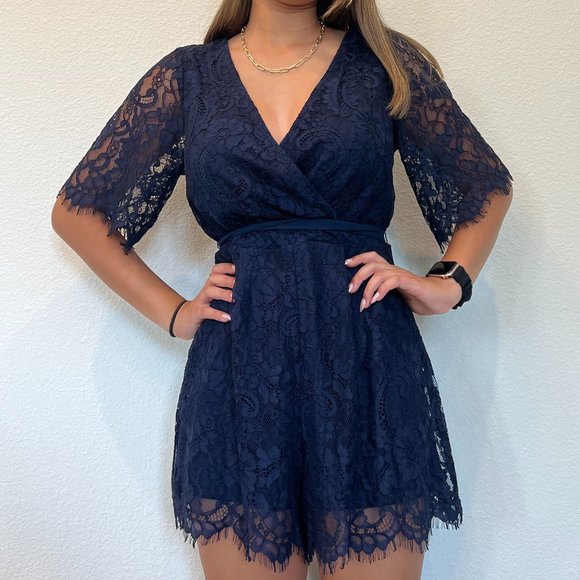 Blue Lace Romper, Size Medium - Picture 1 of 7